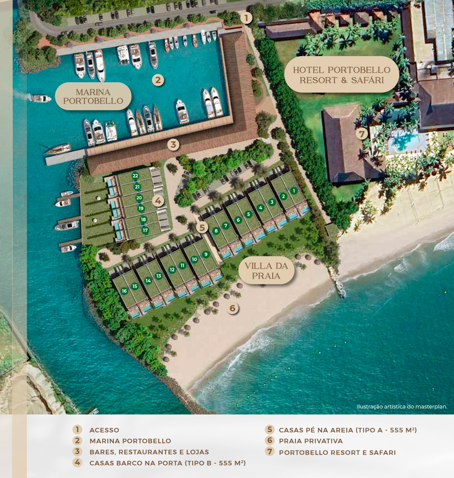 Implantação do Villa da Praia entre a Marina e o Hotel Portobello, em Mangaratiba