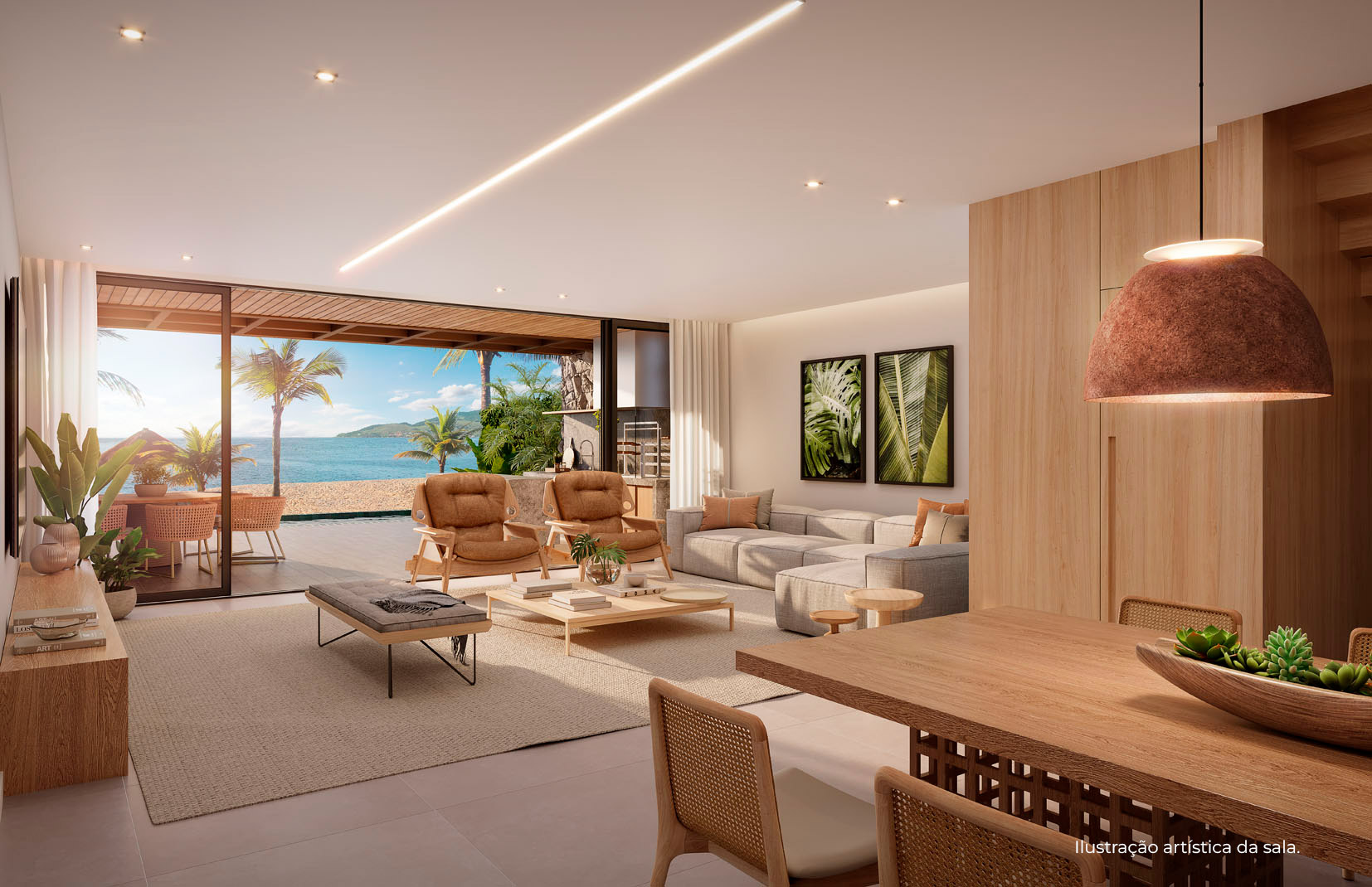 Sala de estar integrada ao mar por amplos vãos abertos